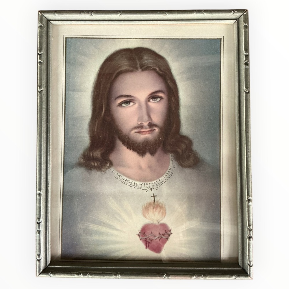 Vintage 1961 Sacred Heart of Jesus Framed Catholic Print 1966 Certificate